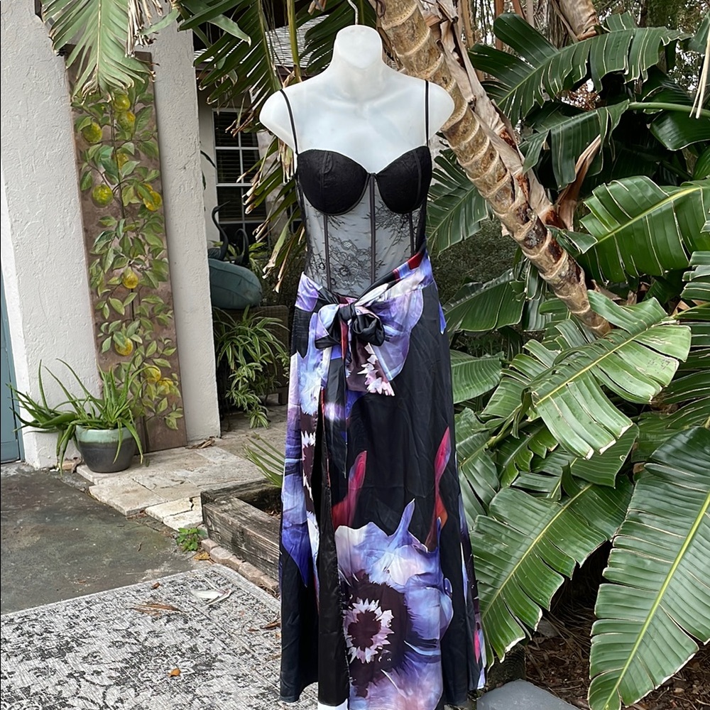 Sheer corset dark floral satin maxi dress with bow